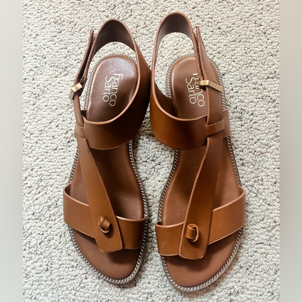Franco Sarto Brown Leather Sandals with T-Bar Design Sz 9M